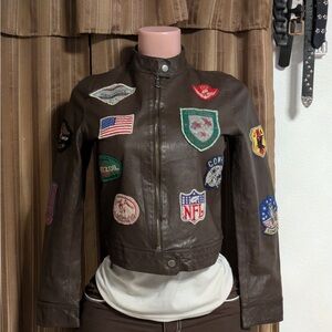 Heavens Blue Brown Leather Jacket with Patches